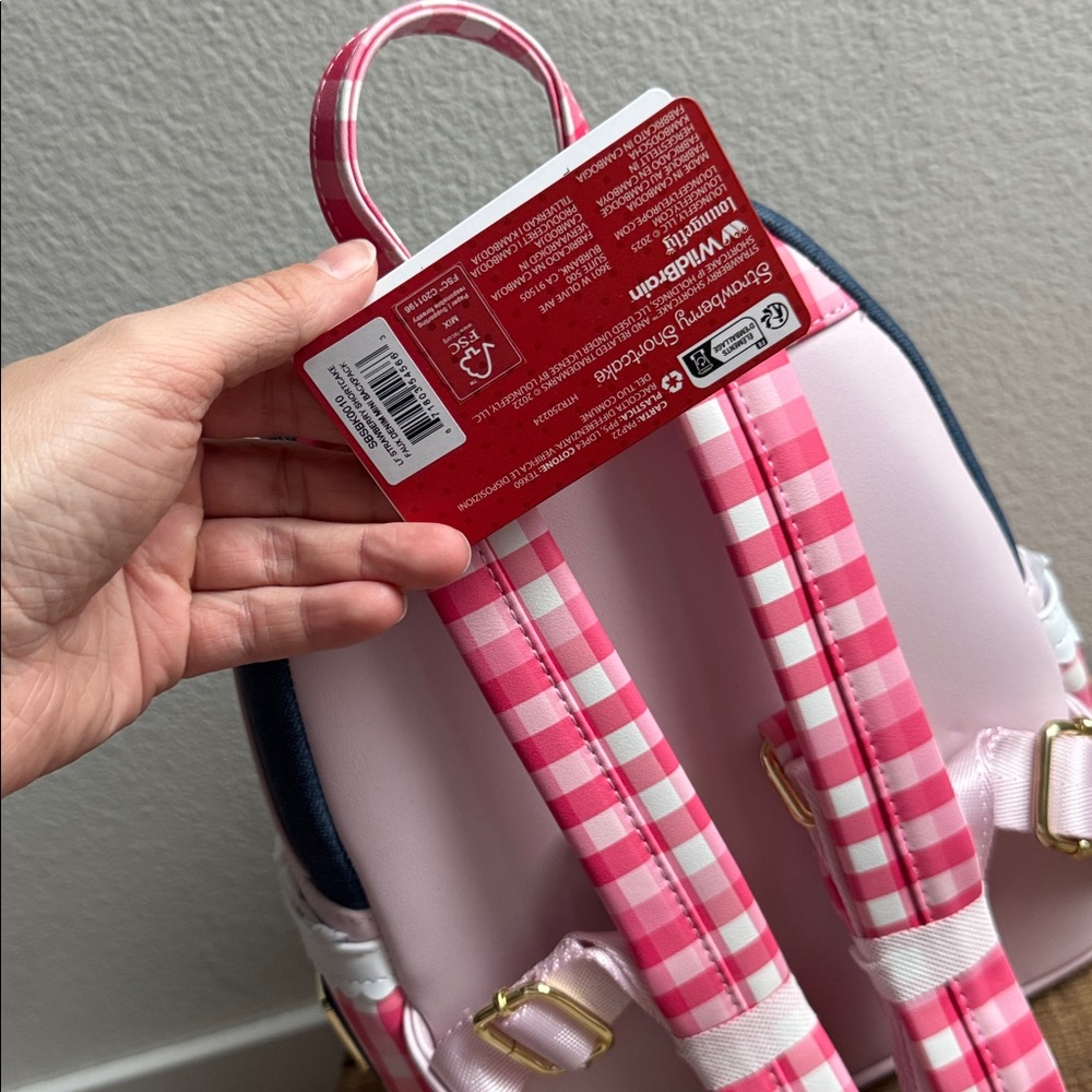 NWT Loungefly Strawberry Shortcake Denim Gingham Mini Backpack Pink Blue - Picture 4 of 6